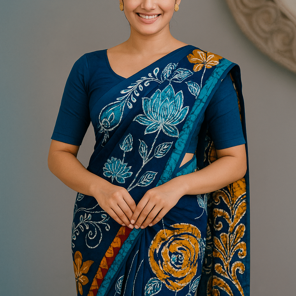 Smiling Beauty in Vibrant Batik Saree