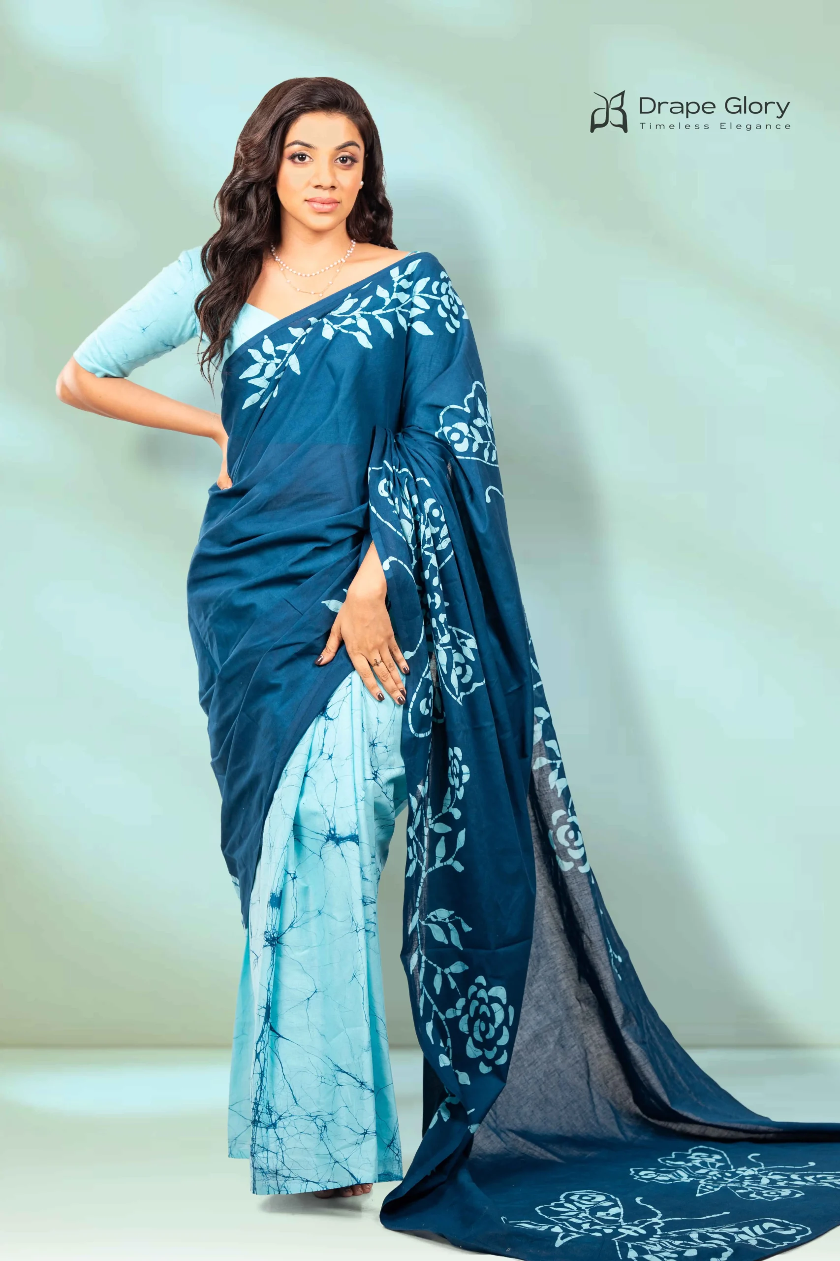 “Sea Bloom” Greenish Blue Saree – 260019BFW - Image 3