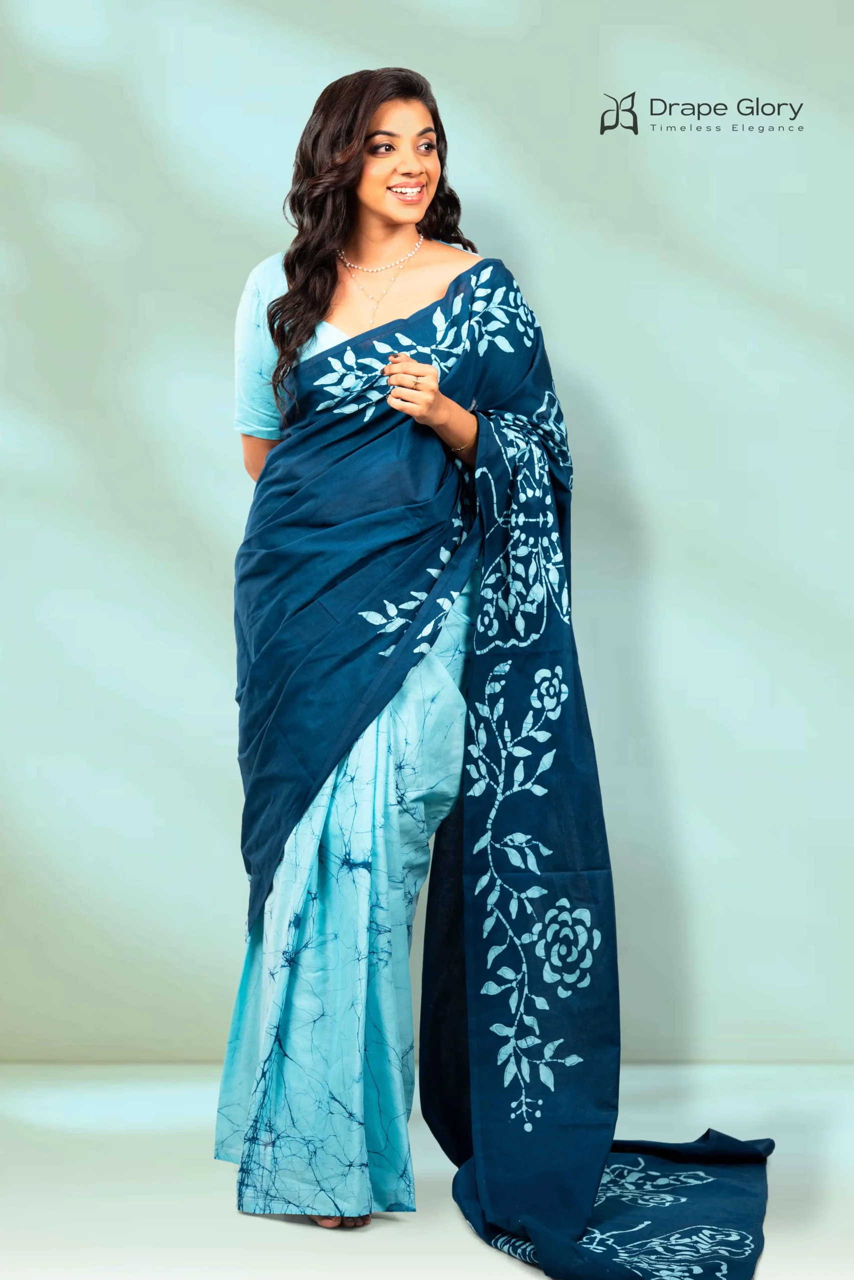 “Sea Bloom” Greenish Blue Saree – 260019BFW - Image 2