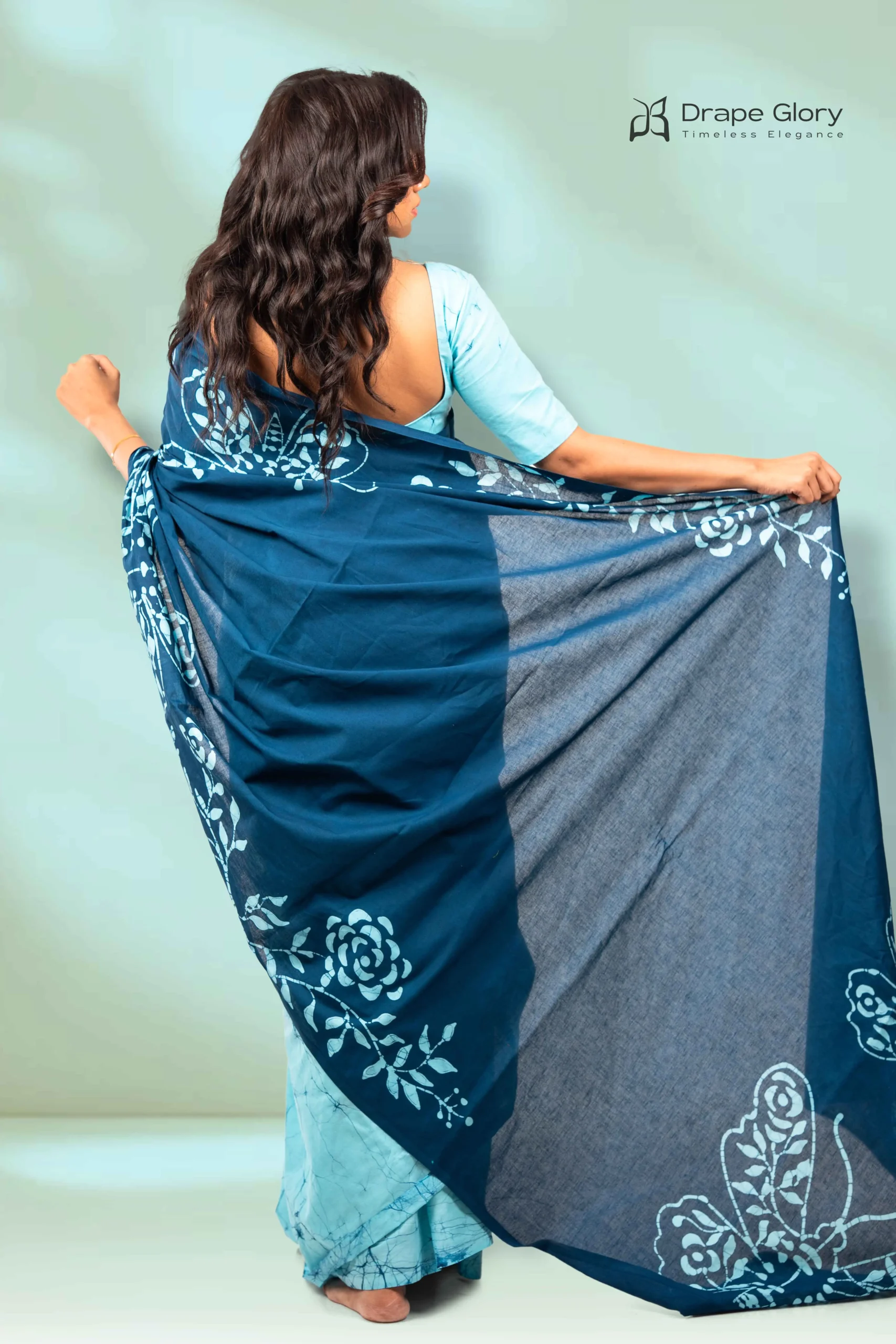 “Sea Bloom” Greenish Blue Saree – 260019BFW - Image 4